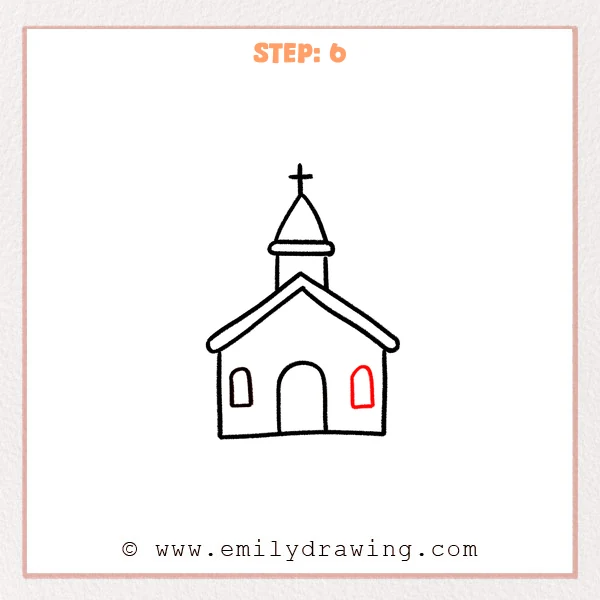 how to draw a church - Step 6 of how to draw a church—adds a matching small arched window on the right side for symmetry.