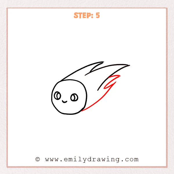 how to draw a comet - The cute comet now has a long lower tail curve added and a few small flame flicks near the tail tip, making the motion trail look complete.
