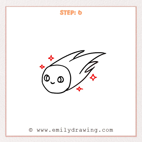 how to draw a comet - A cute comet with a flowing tail now has several small sparkling four-point stars added around it, finishing the easy step-by-step drawing.