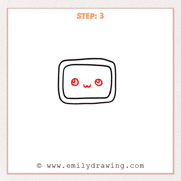 how to draw a computer - Step 3 adds a cute face with two shiny eyes and a small “w” mouth inside the computer screen.