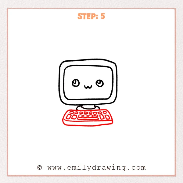 how to draw a computer - Step 5 adds a rounded keyboard with simple keys beneath the cute computer screen.