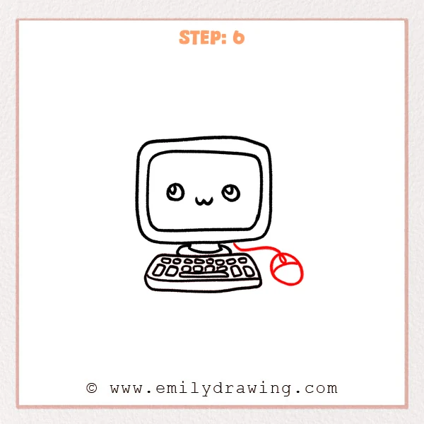 how to draw a computer - Step 6 adds a simple wired mouse and a curved cable next to the cute computer and keyboard.