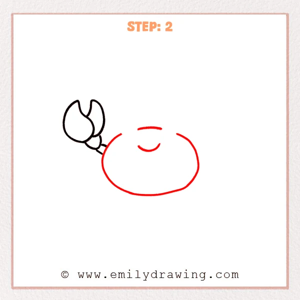 how to draw a crab - Step 2 of an easy how to draw a crab tutorial, adding a large oval body with a simple curved smile and connecting the first claw to the body with short arm lines.