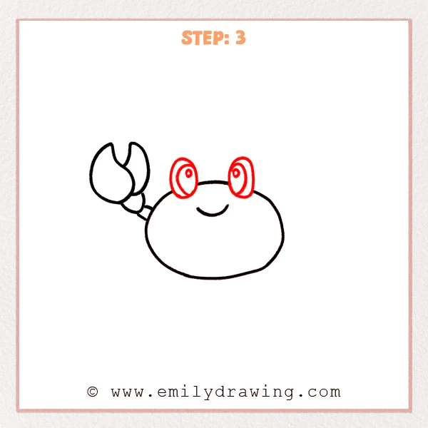 how to draw a crab - Step 3 of an easy how to draw a crab tutorial, adding two raised oval eyes on top of the crab’s round body with inner ovals and small pupils above a simple smile.