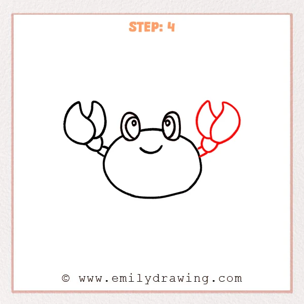 how to draw a crab - Step 4 of an easy how to draw a crab tutorial, adding a second claw on the other side and connecting it to the crab’s round body with short arm lines.