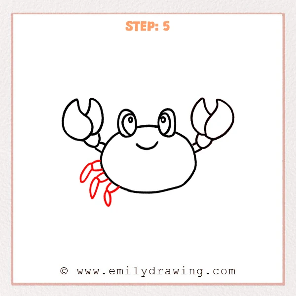 how to draw a crab - Step 5 of an easy how to draw a crab tutorial, adding three curved legs with small oval feet on the lower-left side of the crab’s round body.