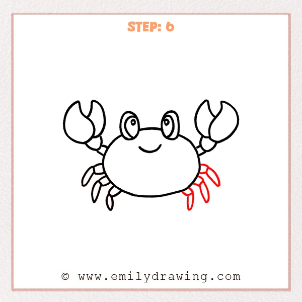 how to draw a crab - Step 6 of an easy how to draw a crab tutorial, adding three curved legs with small oval feet on the lower-right side to balance the crab’s legs.