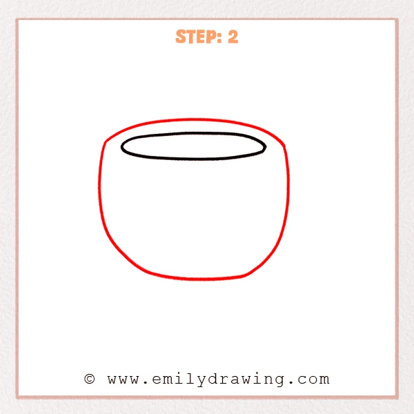 how to draw a cup - Step 2 of an easy how to draw a cup tutorial, adding a rounded cup body outline and a smaller inner oval to show the cup rim thickness.