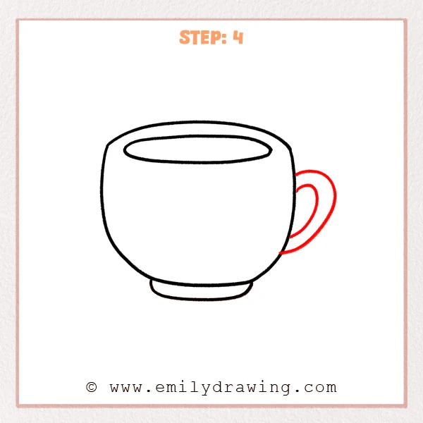 how to draw a cup - Step 4 of an easy how to draw a cup tutorial, adding a curved handle with an inner line for thickness on the right side of the cup.