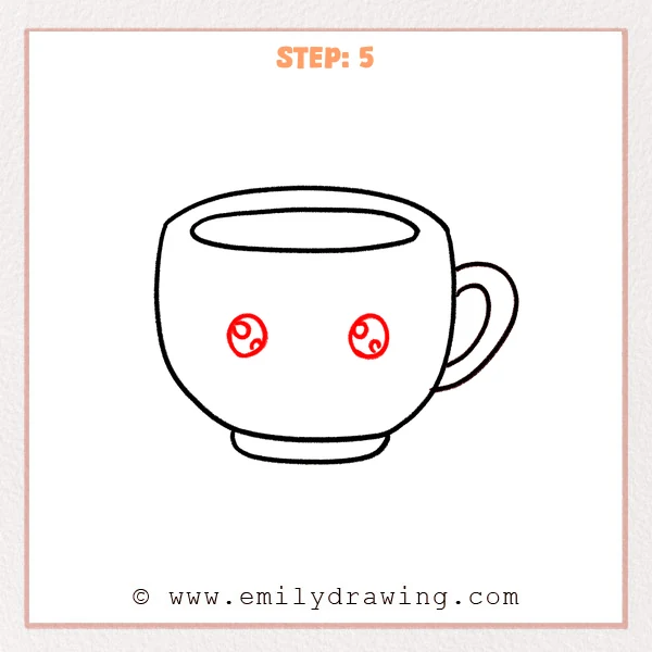 how to draw a cup - Step 5 of an easy how to draw a cup tutorial, adding two cute round eyes with small highlight circles on the front of the cup.