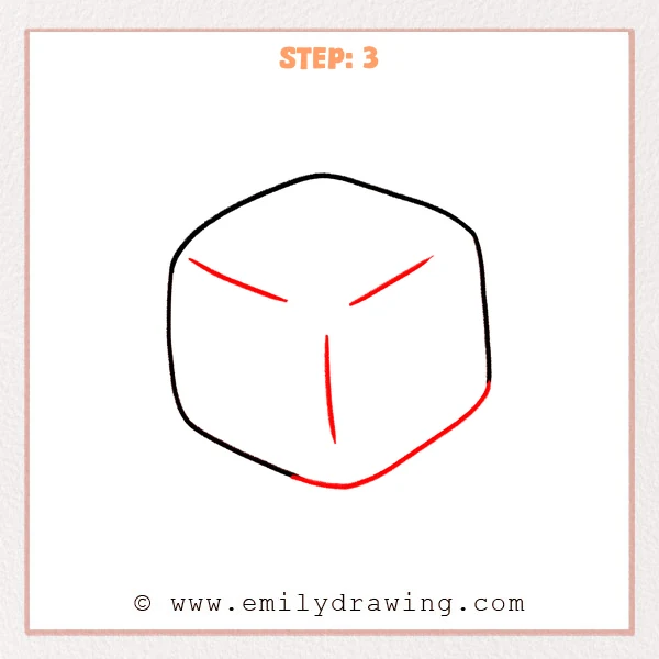 how to draw a dice - Step 3 of how to draw a dice, adding two inward-slanted lines near the top and a central vertical line to guide the cube’s face divisions.