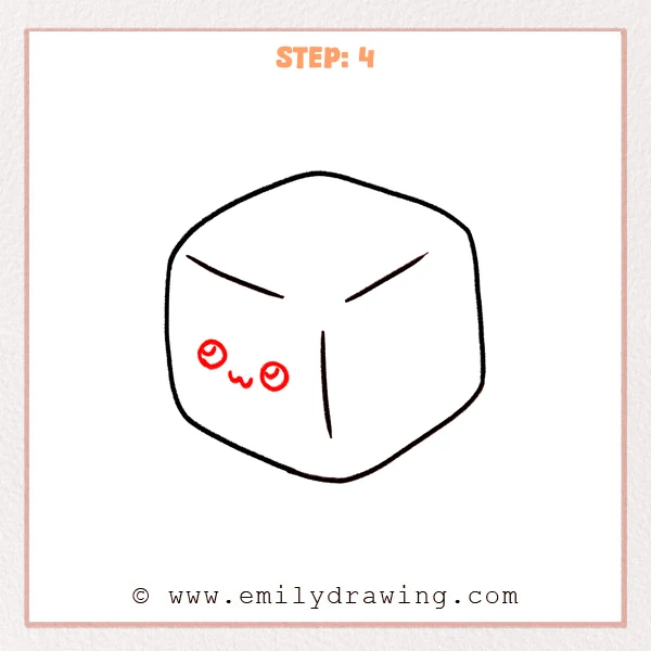 how to draw a dice - Step 4 of how to draw a dice, adding two round eyes with highlights and a small curved smile on the left face.
