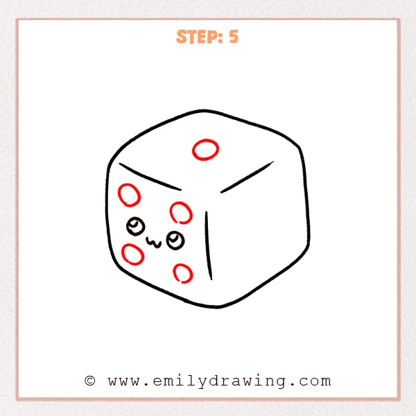 how to draw a dice - Step 5 of how to draw a dice, adding circular pips on the top face and multiple pips on the left face around the cute eyes and smile.
