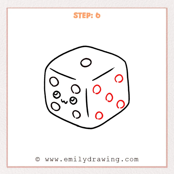 how to draw a dice - Step 6 of how to draw a dice, adding several pips on the right face and refining existing pips so all circles look clean and even.