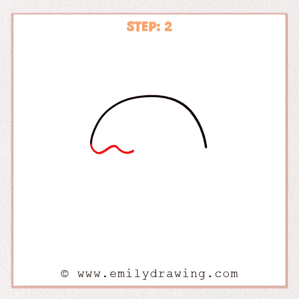 how to draw a donut - Step 2 of the donut drawing adds a short wavy line under the left side of the outer arc, starting the lower edge without closing the full shape yet.