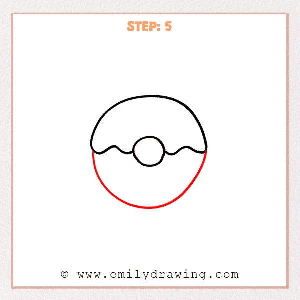 how to draw a donut - Step 5 of the donut drawing adds a large bottom arc that connects both sides, completing the donut’s outer ring around the center hole.