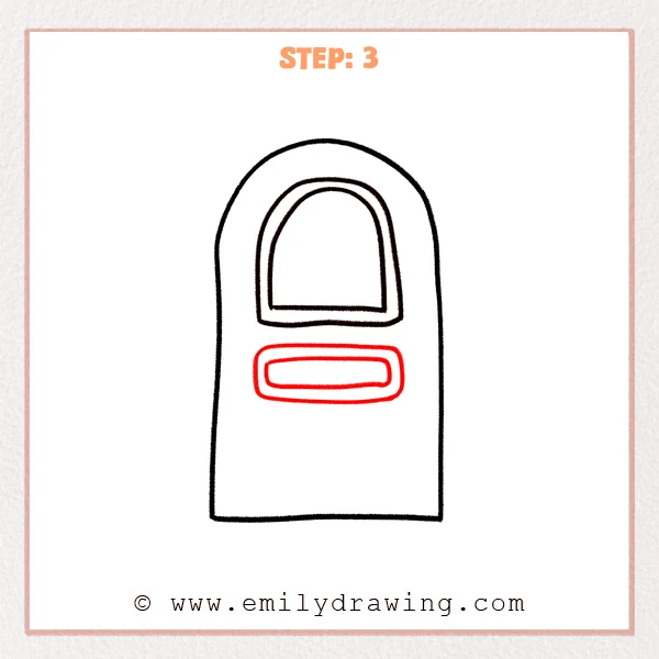how to draw a door - Step 3 of how to draw a door, adding a centered rounded rectangle panel in the middle with a smaller matching shape inside.