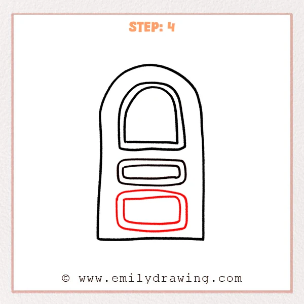 how to draw a door - Step 4 of how to draw a door, adding a larger rounded rectangle panel near the bottom with a smaller inner panel line.