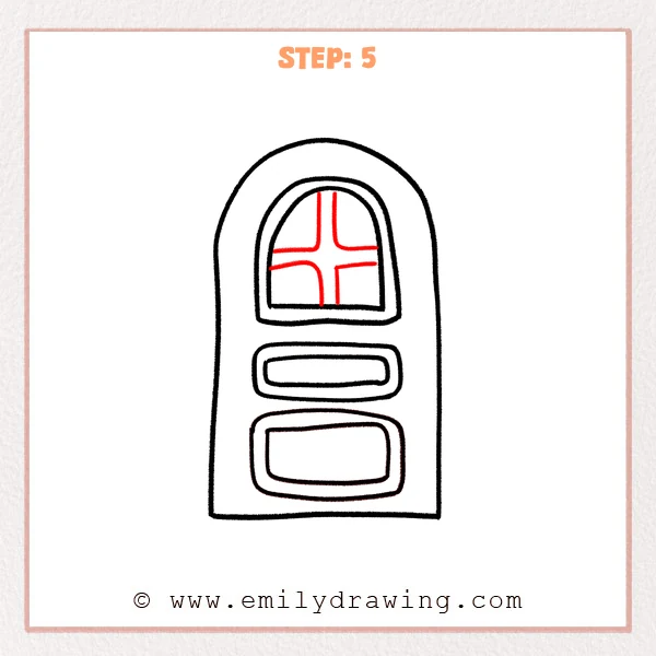 how to draw a door - Step 5 of how to draw a door, adding a centered cross-shaped set of window panes inside the arched top window.
