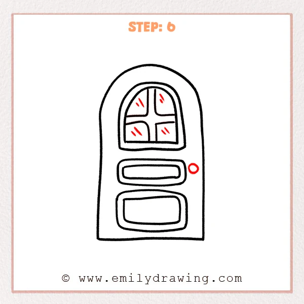 how to draw a door - Step 6 of how to draw a door, adding a small round doorknob on the right side and short diagonal shine marks inside the window panes.