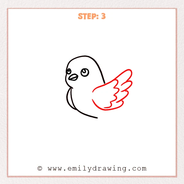 how to draw a dove - Step 3 of a dove drawing, adding a large curved wing on the right with scalloped feather edges.
