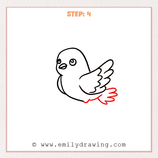 how to draw a dove - Step 4 of a dove drawing, adding a small rounded tail base and three petal-like tail feathers behind the body.