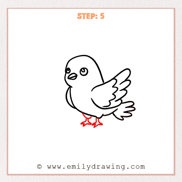 how to draw a dove - Step 5 of a dove drawing, adding two small legs and three-toed feet beneath the rounded body.