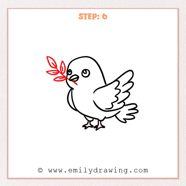how to draw a dove - Step 6 of a dove drawing, adding a small olive branch with several leaves held in the dove’s beak.