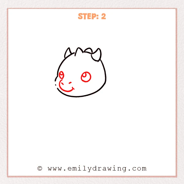 how to draw a dragon - Step 2 of how to draw a dragon—adds big round eyes with highlights, small nostrils, and a curved smiling mouth on the dragon head sketch.
