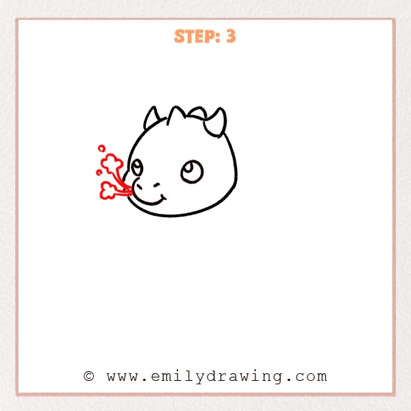 how to draw a dragon - Step 3 of how to draw a dragon—adds curved breath lines and cloud-like puffs coming from the dragon’s mouth, with a few small dots around them.