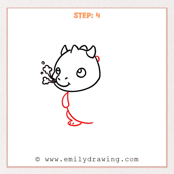 how to draw a dragon - Step 4 of how to draw a dragon—adds a curved neck and body line under the head, a small foot with toes, a simple tail line, and a tiny ear behind the head.
