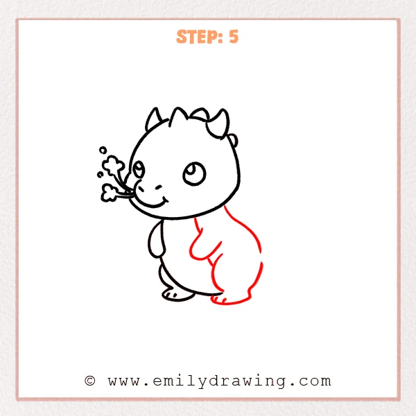 how to draw a dragon - Step 5 of how to draw a dragon—completes a rounded sitting body, adds a small front arm, an inner belly line, and a second foot with simple toes.