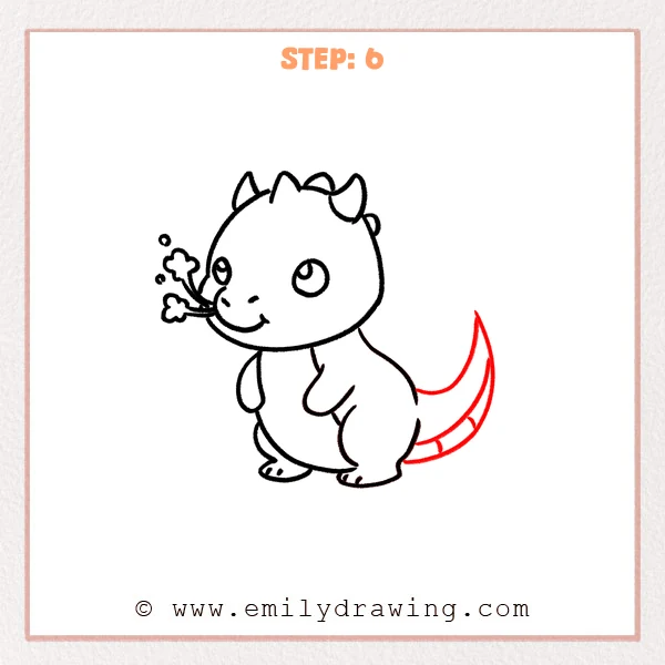 how to draw a dragon - Step 6 of how to draw a dragon—adds a longer, curved tail with an inner edge for thickness and a few curved band lines for simple segments.