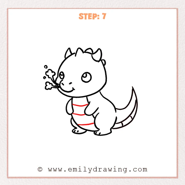 how to draw a dragon - Step 7 of how to draw a dragon—adds several curved belly stripe lines across the front of the sitting dragon’s body.