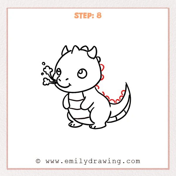 how to draw a dragon - Step 8 of how to draw a dragon—adds a row of small rounded back spikes running from behind the head along the back and onto the tail.