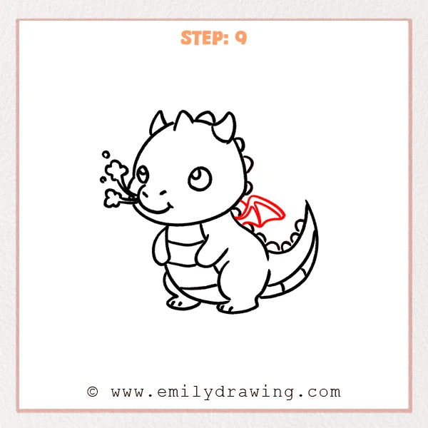 how to draw a dragon - Step 9 of how to draw a dragon—adds a small bat-like wing on the dragon’s back with a curved outline and a few inner membrane lines.
