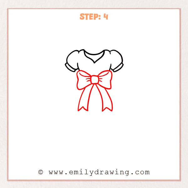 how to draw a dress - Step 4 of how to draw a dress—add a large bow at the waist with a center knot and two hanging ribbon tails.