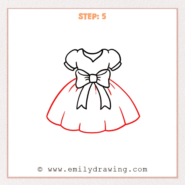 how to draw a dress - Step 5 of how to draw a dress—add a wide flared skirt below the bow with a wavy hem and a few pleat lines.