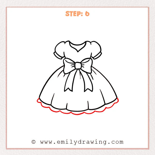 how to draw a dress - Step 6 of how to draw a dress—add a scalloped ruffle trim along the bottom hem, following the skirt’s curved edge.