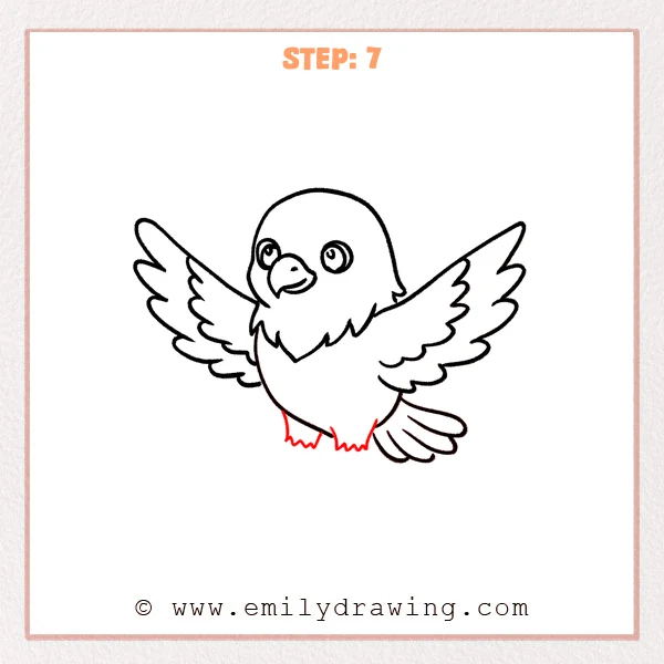 how to draw an eagle - A step-by-step eagle drawing adding two short legs under the body with small jagged feather edges at the bottoms.