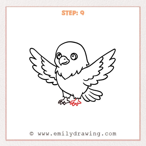how to draw an eagle - A step-by-step eagle drawing adding curved toe lines and hooked talons to the right foot beneath the body.