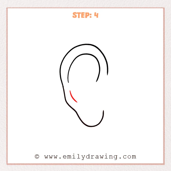 how to draw an ear - Step 4 adds a small curved “comma” line inside the lower ear to suggest the tragus detail.