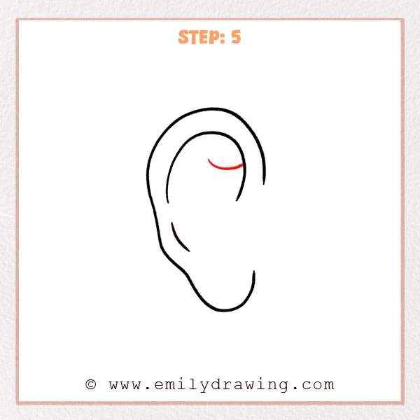 how to draw an ear - Step 5 adds a small curved crease near the top inside the ear, indicating an upper inner ear fold.