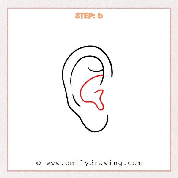 how to draw an ear - Step 6 adds a large curved inner shape inside the ear, looping near the bottom to suggest the concha and inner depth.
