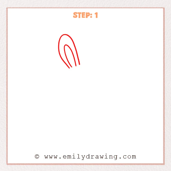 how to draw an easter - Step 1 of an Easter drawing tutorial showing a tall bunny ear outline with a smaller inner ear curve.