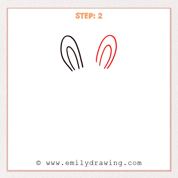 how to draw an easter - Step 2 of an Easter drawing tutorial showing two bunny ear outlines side by side, each with an inner ear curve.