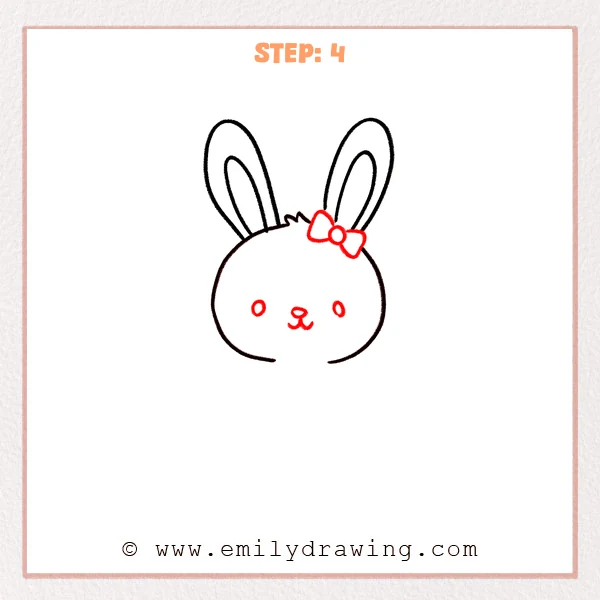 how to draw an easter - Step 4 of an Easter drawing tutorial showing a bunny head with a bow near one ear and simple facial features on the round face.
