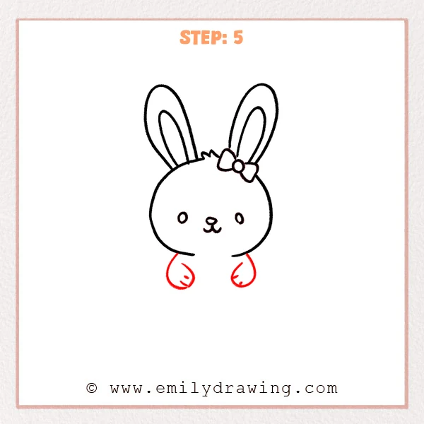 how to draw an easter - Step 5 of an Easter drawing tutorial showing a cute bunny head with two small teardrop-shaped paws added beneath the face, including simple toe lines.