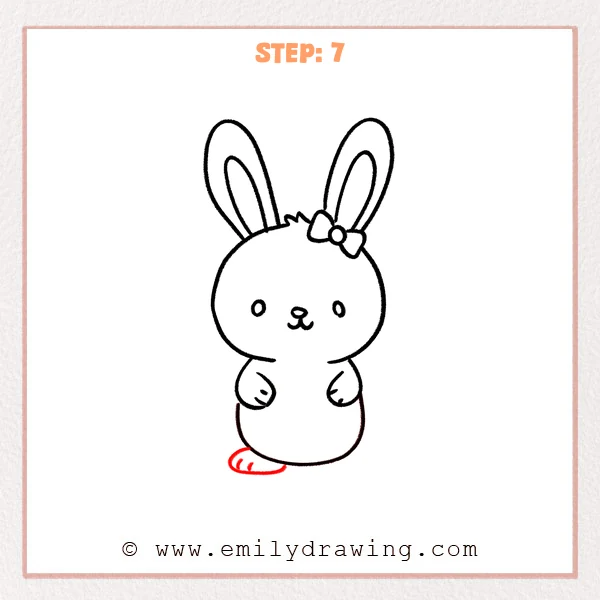 how to draw an easter - Step 7 of an Easter drawing tutorial showing a cute bunny with a rounded body and one small foot added at the bottom with simple toe lines.