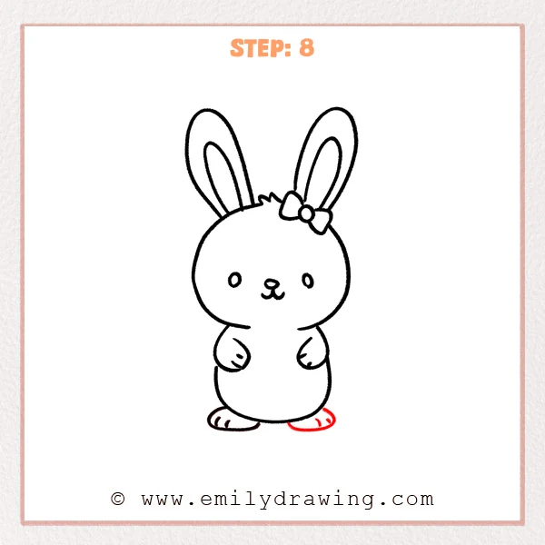how to draw an easter - Step 8 of an Easter drawing tutorial showing a cute bunny with a rounded body and two small feet added at the bottom, each with simple toe lines.